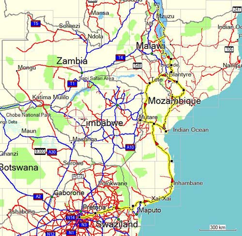 Map showing southern African countries including South Africa, Zimbabwe, Botswana, Zambia, Mozambique, and Malawi with roads and cities