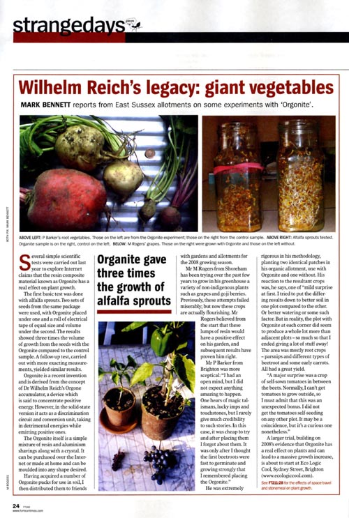 Magazine page showing article about Wilhelm Reich's legacy with photos of large vegetables and jars of seeds or sprouts