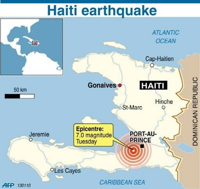 Map of Haiti showing earthquake epicenter near Port-au-Prince with magnitude 7.0, concentric circles indicating impact zones