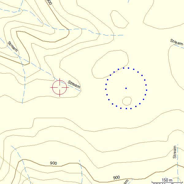 Topographic map showing contour lines, streams, elevation markers (900m), scale bar (150m), red crosshairs and blue dotted circle