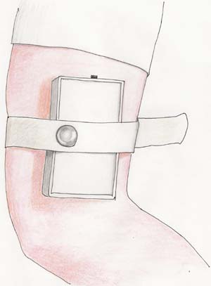 Watercolor illustration showing a zapper device strapped to a person's arm or leg with a white band