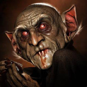 Digital artwork of a menacing goblin-like creature with red eyes, pointed ears, and bloodied fangs in dark lighting