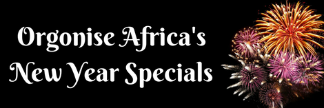 Black banner with white text reading 'Orgonise Africa's New Year Specials' and colorful fireworks graphic on right side