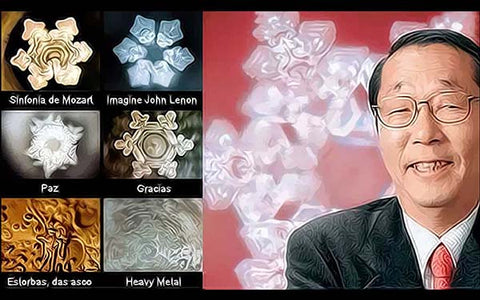 Man in suit with water crystal formations labeled with Mozart symphony, John Lennon song, peace, thanks, curse, and heavy metal