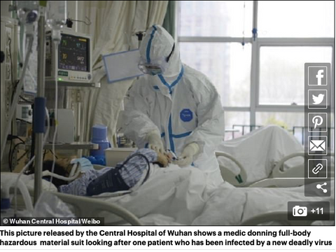 Medical worker in full protective suit attending to patient on hospital bed with monitoring equipment visible