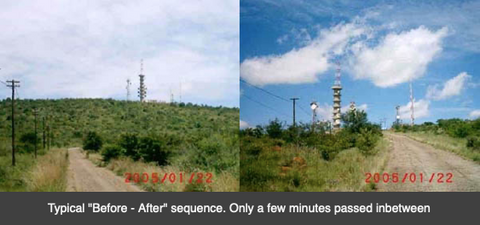 Before-after photos showing dirt road with transmission tower, left image overcast sky, right image blue sky with clouds