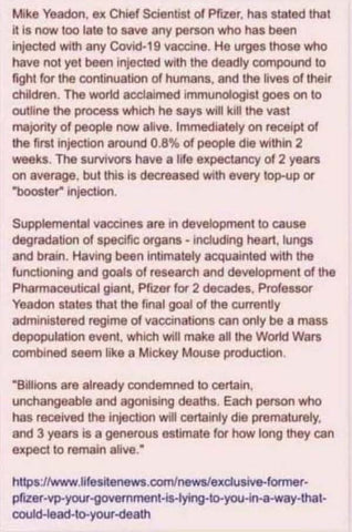 Screenshot of text claiming Pfizer scientist says COVID-19 vaccination causes death, with quotes about vaccine dangers