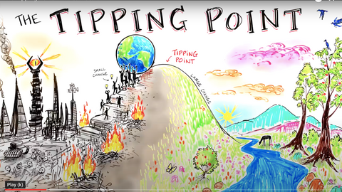 Hand-drawn illustration titled 'The Tipping Point' showing Earth balanced between a dark polluted cityscape and a bright natural landscape