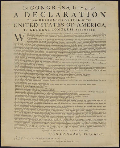 Historical document titled 'A Declaration' dated July 4, 1776, signed by John Hancock as President, with dense text in multiple paragraphs
