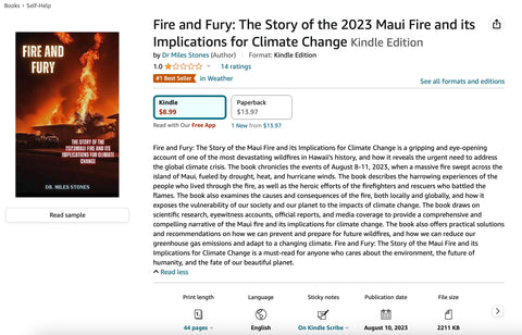 Screenshot of Amazon book page showing 'Fire and Fury: The Story of the 2023 Maui Fire and its Implications for Climate Change'