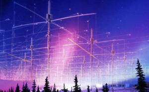 Large radio antenna array with metal towers and cables against purple-blue aurora sky, silhouetted evergreen trees in foreground