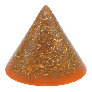 Orange cone-shaped orgonite with metallic flakes and particles embedded throughout, shown against white background