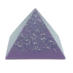 Purple orgonite pyramid with clear resin top containing small metal shavings, viewed from front angle on white background