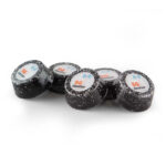 Cuatro discos orgonite redondos negros moteados con etiquetas circulares blancas mostrando texto '5G Equalizer' e íconos