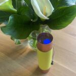 Cylindrical device with yellow fabric band and copper-colored ends, blue circular element visible inside, on wooden surface near plant