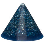 Blue cone-shaped orgonite pyramid with metallic fragments and particles suspended throughout the translucent resin material