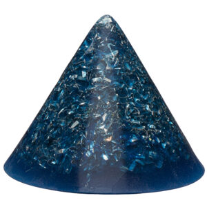 Blue cone-shaped orgonite pyramid with metallic fragments and particles suspended throughout the translucent resin material