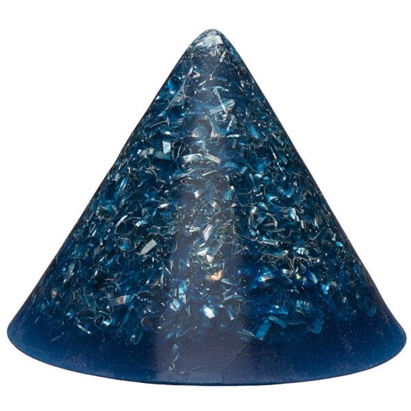 Blue cone-shaped orgonite pyramid with metallic fragments and particles suspended throughout the translucent resin material