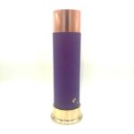 Purple cylindrical orgonite towerbuster with copper-colored top and brass-colored base, standing upright on white background