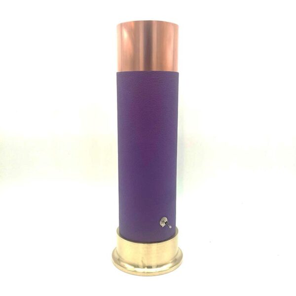 Purple cylindrical orgonite towerbuster with copper-colored top and brass-colored base, standing upright on white background