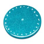 Round turquoise charging plate with glittery surface, white dots around perimeter, and small star shape in center