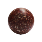 Spherical dark reddish-brown orgonite ball with embedded metallic fragments and particles visible throughout the surface