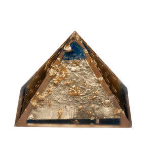 Translucent amber pyramid with embedded gold flakes, blue lapis lazuli stone at top, and metallic particles throughout