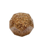 Brown and gold speckled orgonite dodecahedron with geometric faceted faces on white background