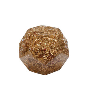 Brown and gold speckled orgonite dodecahedron with geometric faceted faces on white background