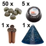 Cuatro productos orgonite con cantidades: 50 piezas pequeñas tipo domo, 5 dispositivos 5G Equalizer redondos, 1 set tubos cobre, 1 pirámide azul