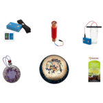 Présentation de six produits : appareil bleu avec sangle noire, outil cylindrique rouge, récipient transparent, pendentif violet, disque rond à motifs, emballage vert.