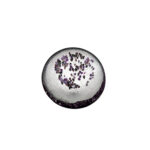 Circular orgonite disc with white/clear resin base containing scattered purple and dark crystals throughout