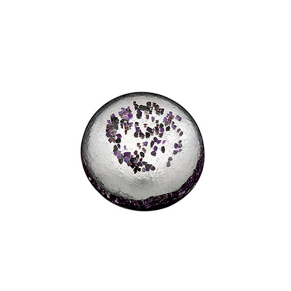 Circular orgonite disc with white/clear resin base containing scattered purple and dark crystals throughout