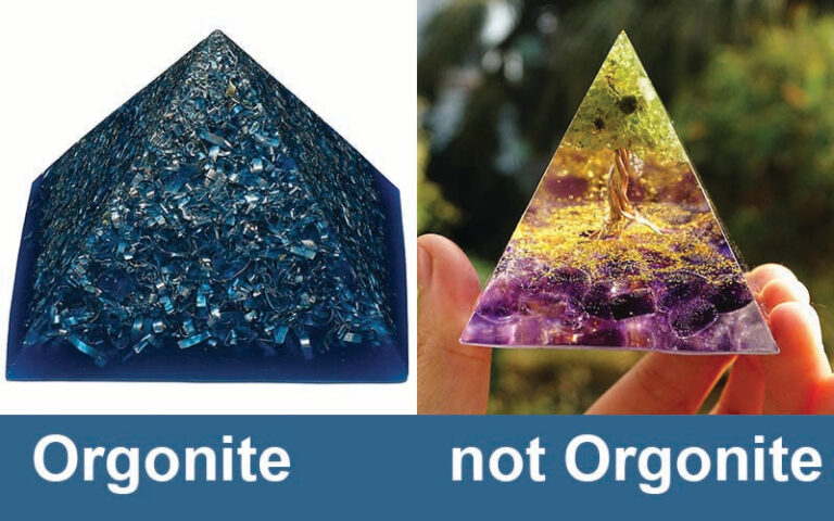 Comparison image showing blue pyramid labeled 'Orgonite' and colorful triangular object held in hand labeled 'not Orgonite'