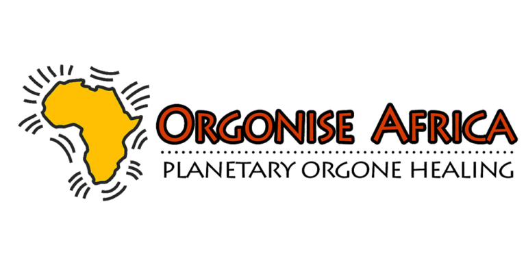 Logo showing yellow outline of Africa continent with radiating lines, text reads "Orgonise Africa" and "Planetary Orgone Healing"