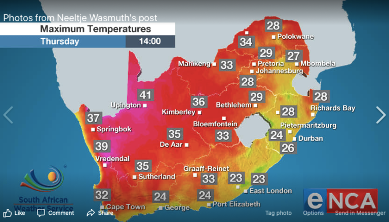 Weather map showing maximum temperatures across South Africa for Thursday at 14:00, with temperatures ranging from 23-41°C
